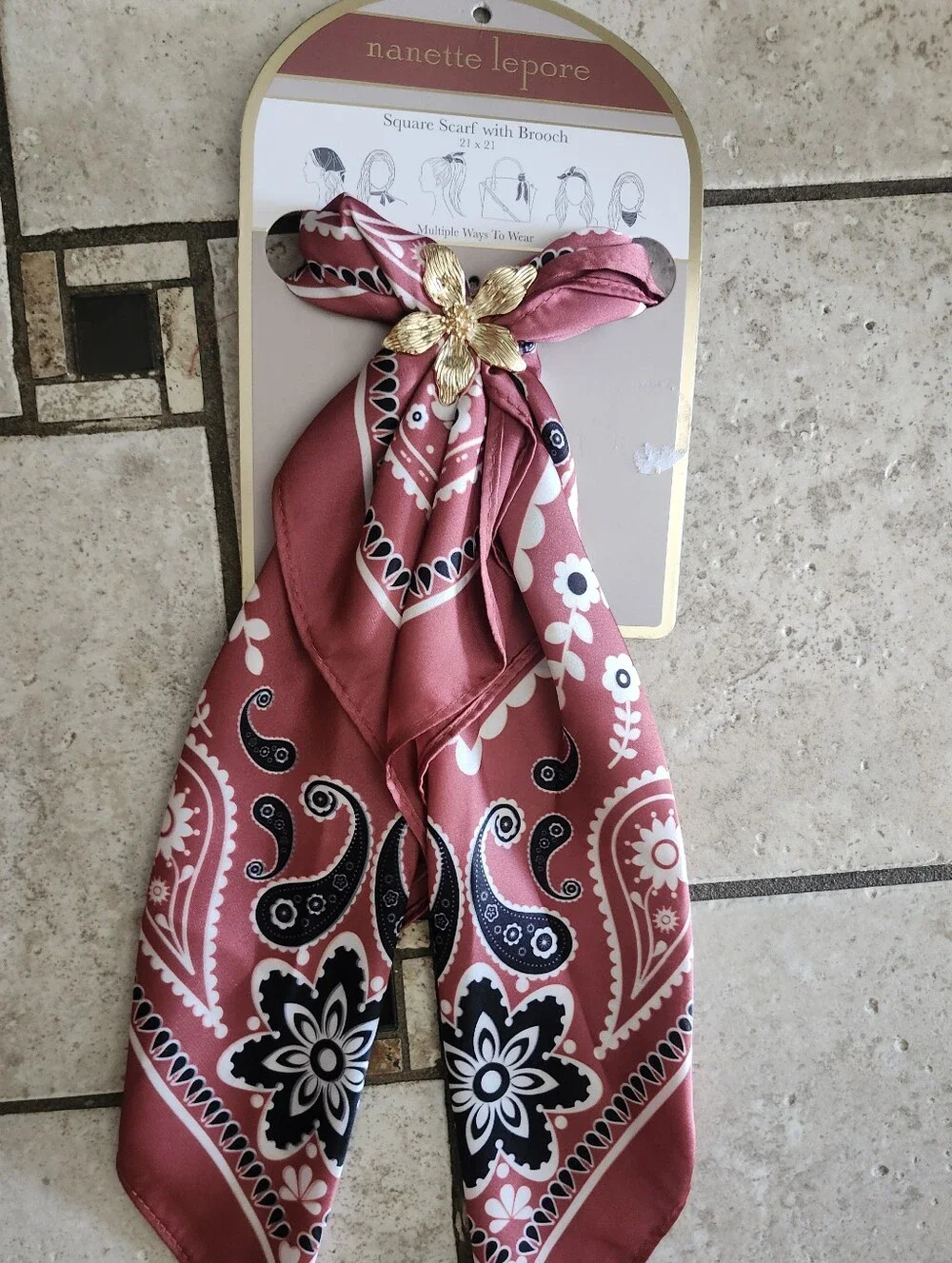 NWT Nanette Lepore Silk Feel Square Scarf With Gold Tone Floral Brooch 21 X 21